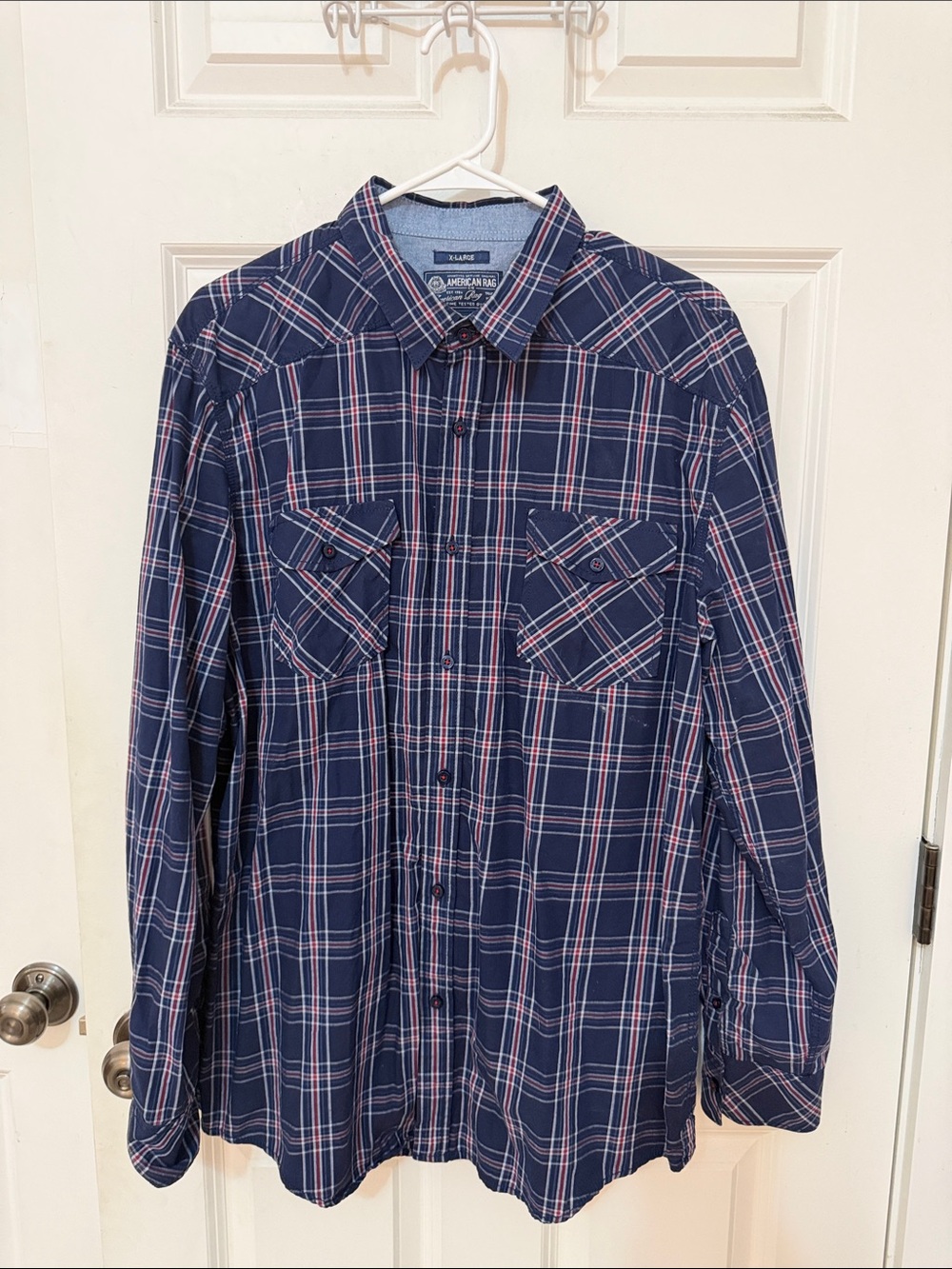 American Rag Navy and Red Plaid Long-Sleeve Button-Down Shirt size XL cotton